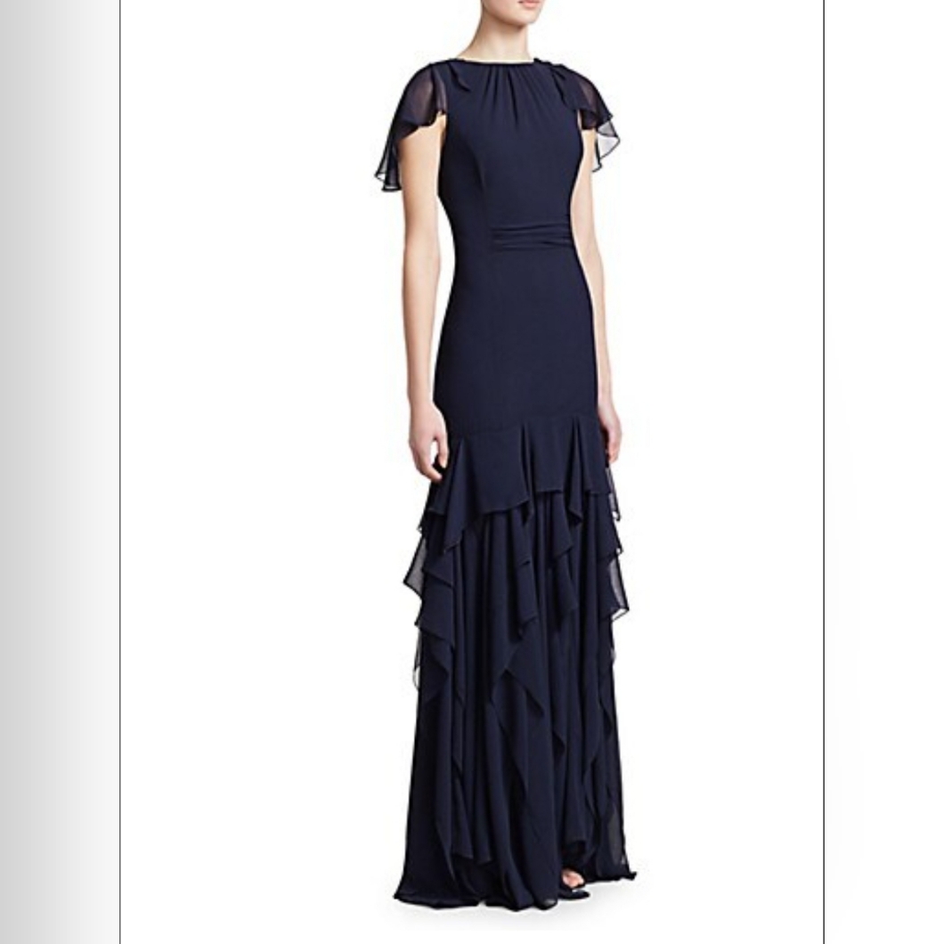 Halston Flutter Cap-Sleeve Georgette Gown With Dramatic Flounce Skirt Nwt Size 4